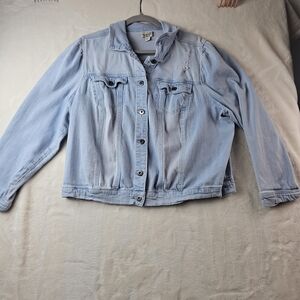 One World Plus Size light Blue Denim Jacket distressed 1X stretch comfort